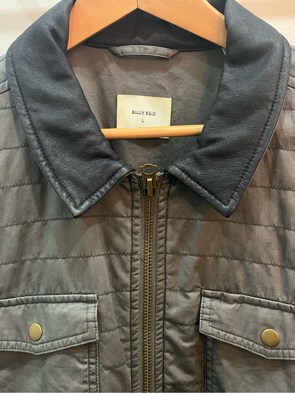 Billy Reid Quilted Zip Jacket Leather Collar Pima Cotton Sz L Gray